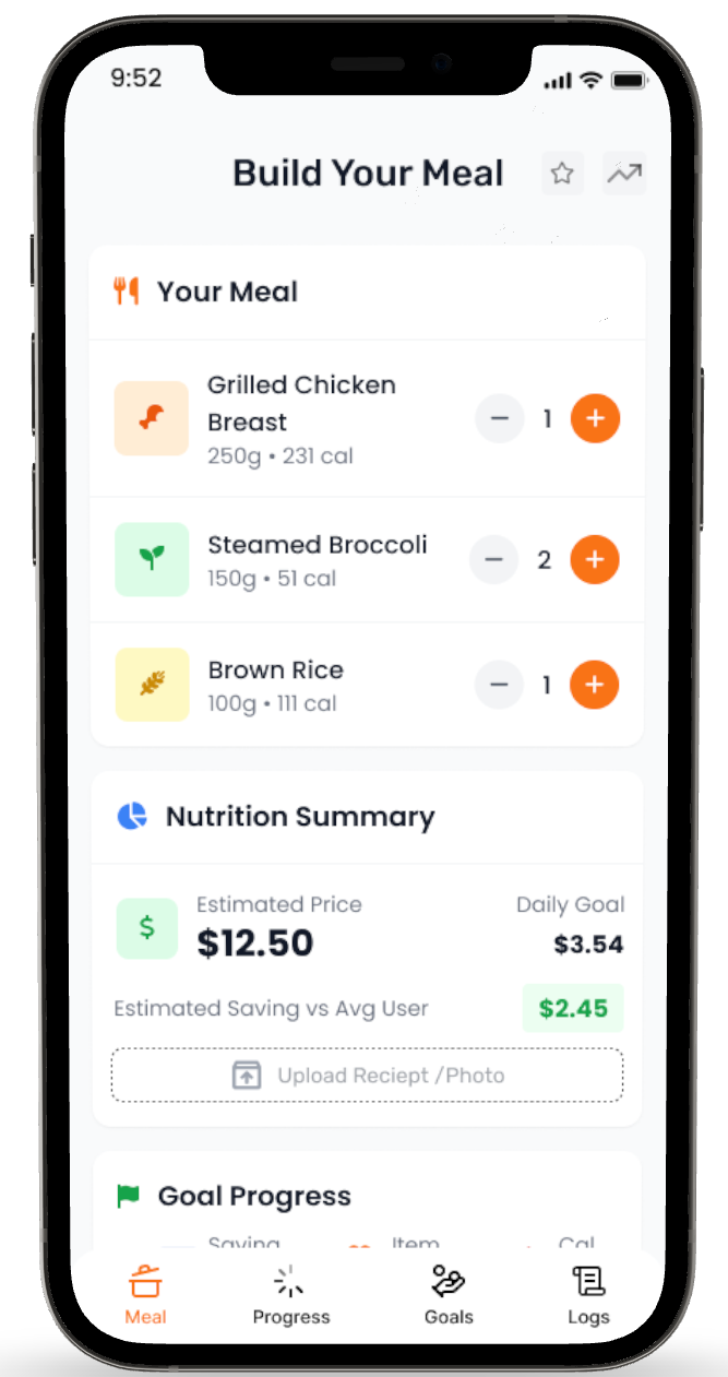 App preview of building a meal